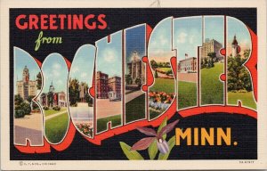 Greetings from Rochester MN Large Letter Linen Unused Geo Russell Postcard E89