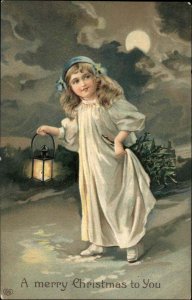 EAS Christmas Little Girl Nightgown Night Walk Lantern Full Moon c1910 PC