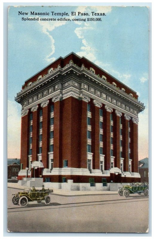 1916 New Masonic Temple Exterior Roadside El Paso Texas TX Posted Cars Postcard