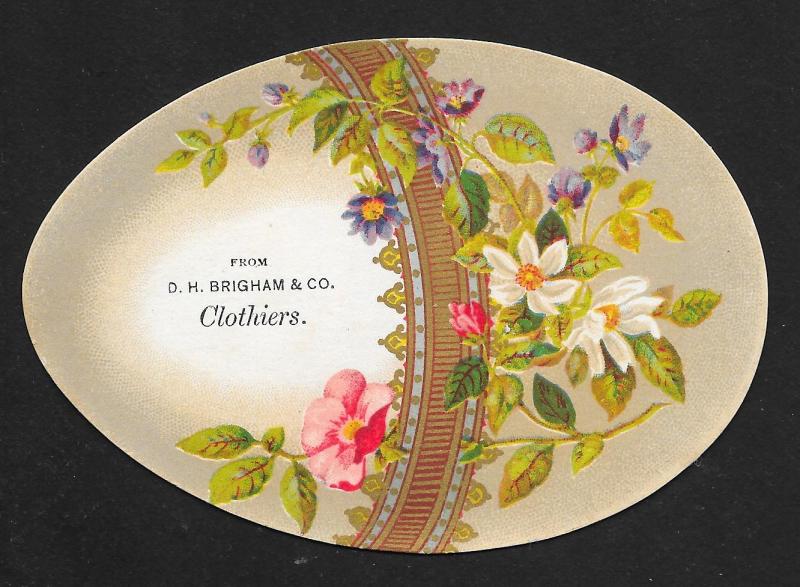 VICTORIAN TRADE CARDS (4) Brigham Clothiers Egg Shape Flowers, Birds, Town Views