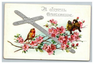 Vintage 1910's Tuck's Easter Postcard Silver Cross Cute Birds Nice Pink Flowers