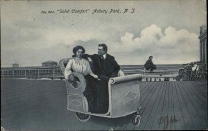 Asbury Park NJ Couple Wicker Push Cart Rolling Chair c1910 Vintage Postcard