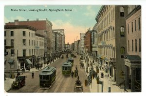 MA - Springfield. Main Street, looking South. Trolleys, Horses, Wagons, Autos