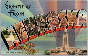 Greetings From Nebraska State Capitol & Flower Goldenrod Large Letter Postcard