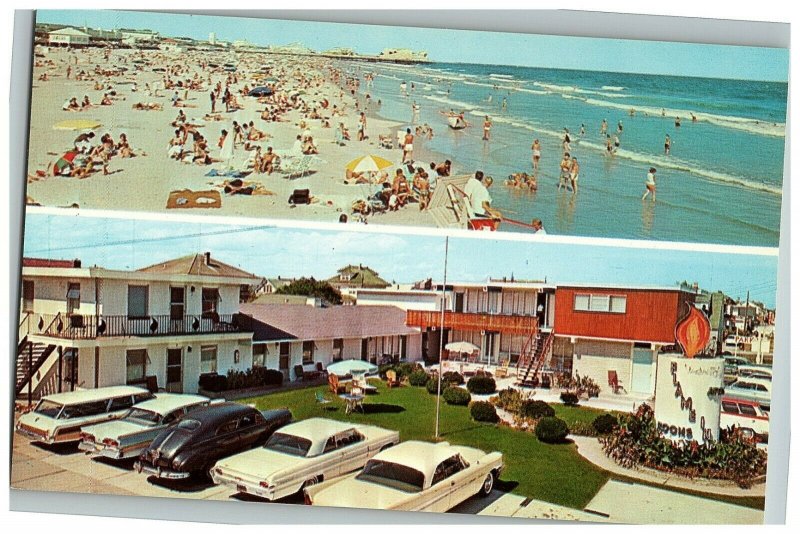 1963 The Flame Inn North Wildwood NJ Postcard Split View Beach Scene Cars pc7