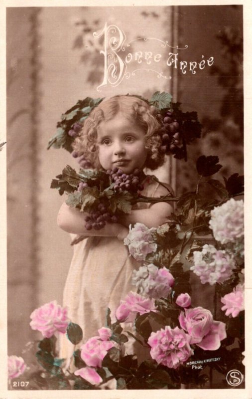 Bonne Annee New Year With Young Girl and Flowers 1908 Real Photo