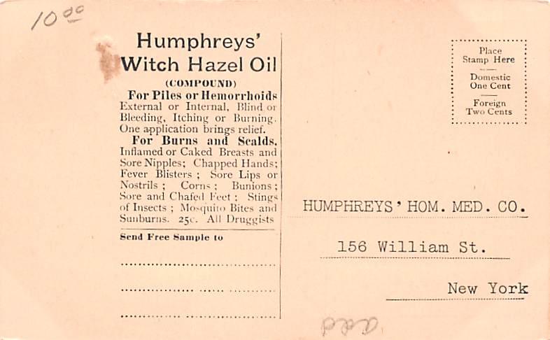 Humphreys' Witch Hazel Oil Advertising Typing on back 