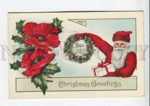 444082 Xmas SANTA CLAUS Greetings POPPY Flowers Vintage postcard EMBOSSED