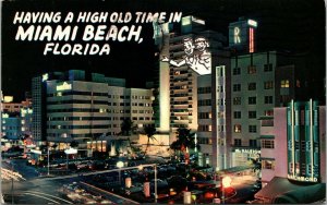 Vtg Miami Beach Florida FL Collins Avenue & 18th Street at Night 1960s Postcard