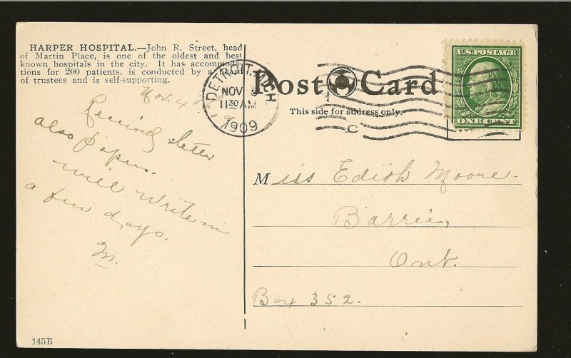 Postmarked 1909 Detroit Mich Harpers Hospital Detroit Color Postcard