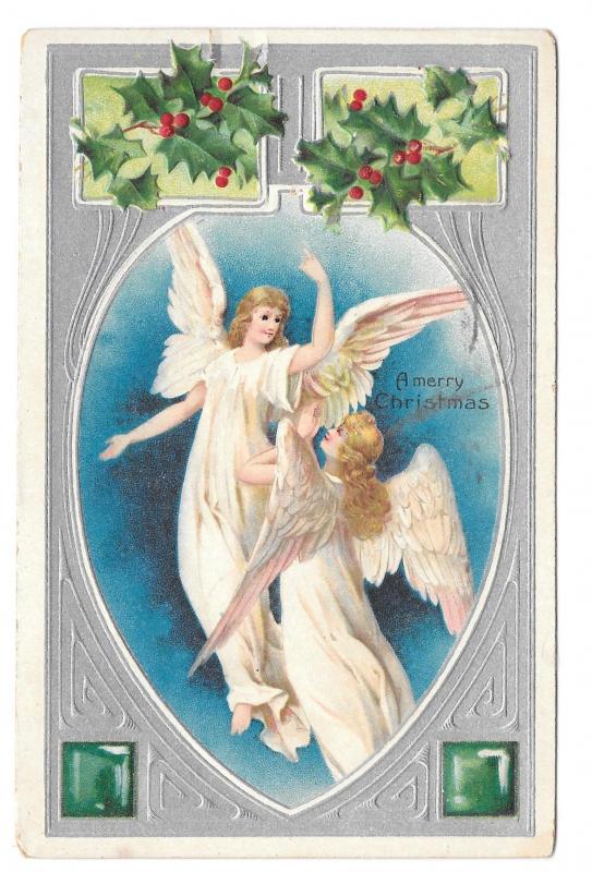 Christmas Angels Holly 1907 Embossed Litho Silver Gilt Printed Germany Postcard