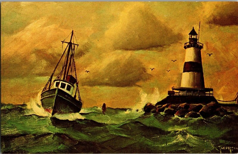 Latimer Reef Lighthouse Painting by Ellery Thompson Vintage Postcard H80