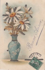 Daisy flowers vase glitter novelty New Year greetings postcard France c.1907