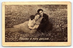 1911 HAVING A PIPE DREAM COMEDIC ROMANTIC COUPLE WITH REAL PIPE!  POSTCARD P3725