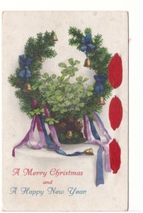 Merry Christmas And A Happy New Year, Wreath,Vintage Postcard, Silk Ribbon
