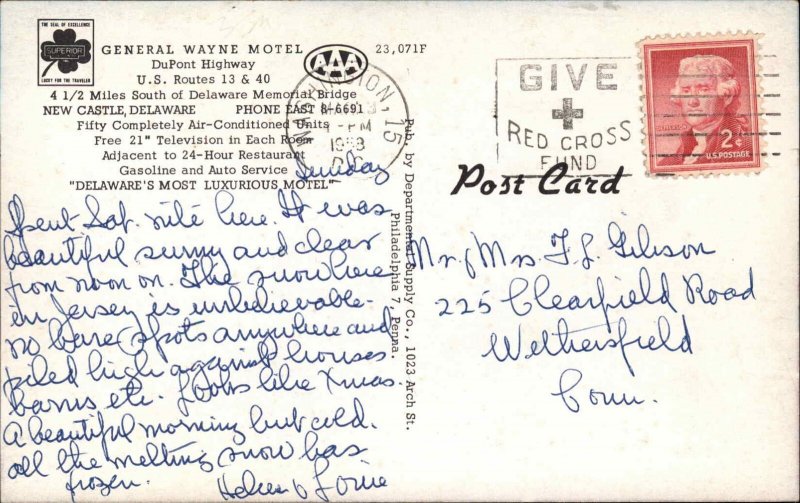 New Castle Delaware DE Motel Vintage Postcard