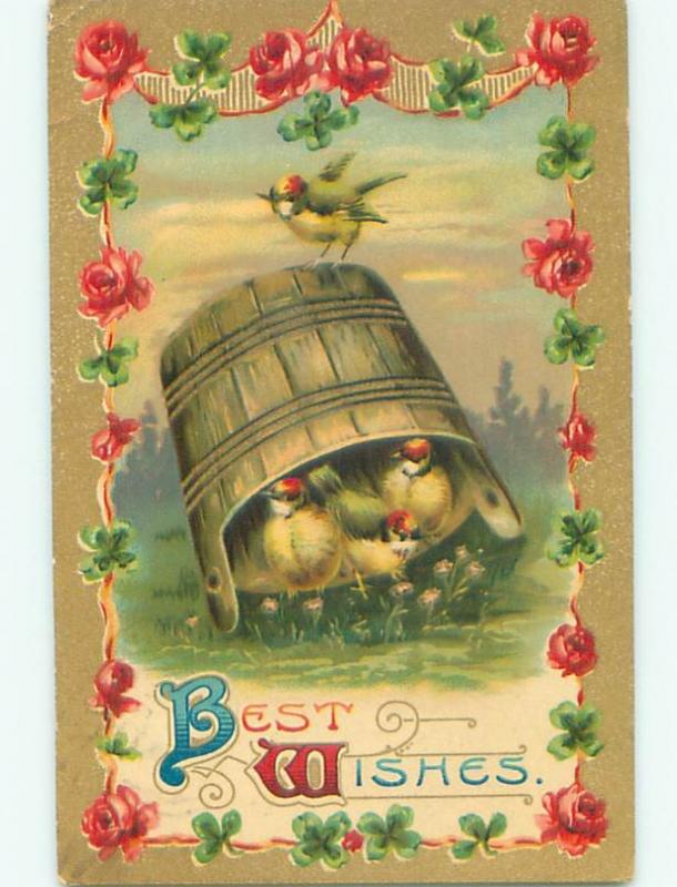 Pre-Linen CUTE BIRDS HIDING UNDER OVERTURNED WOODEN WATER BUCKET W7125