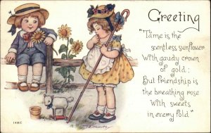 A/S Nosworthy Greeting Little Girl and Boy Lamb Pull Toy c1910 Vintage Postcard