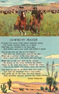 Vintage Postcard Cowboy's Prayer Horse Back Riding Desert Plants Mountains