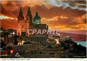 Modern Postcard Sunset over Malta Mellieha Parish Church