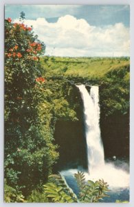 Majestic Rainbow Waterfalls~Scarlett African Tulip Trees~Hilo HI~Mirrokrome~1951