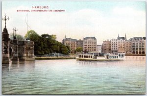 VINTAGE POSTCARD FERRY BOAT APPROACHING LOMBARD BRIDGE AND ALSTERDAMM HAMBURG