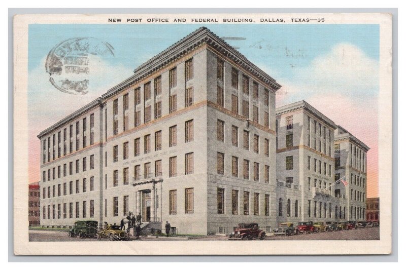 Postcard New Post Office & Federal Building Dallas Texas c1943 Postmark Autos
