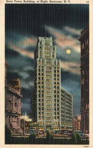 Vintage Postcard 1930's State Tower Tallest Building At Night Syracuse New York