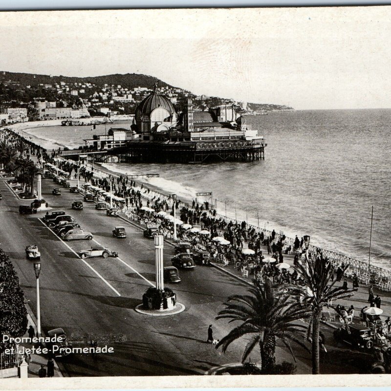 c1940s Nice, France Promenade Pier Jetee Domed Building Beach Cars Crowd A360