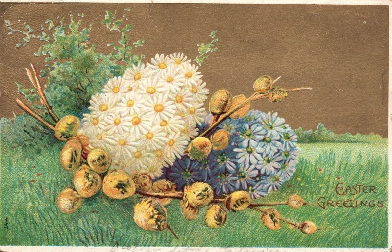 Easter Greetings White And Purple Petals Grass Eastertide Wish Vintage Postcard