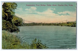 1912 Suspension Foot Bridge Cedar River Charles City Iowa IA Postcard