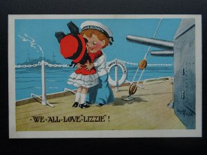 WW1 FIRST LINE Series WE ALL LOVE LIZZIE! Donald McGill c1915 Postcard