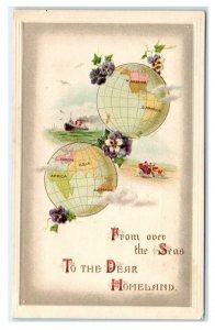 Arts & Crafts Style Greeting with 2 GLOBES: From Over the Seas 1917 Postcard