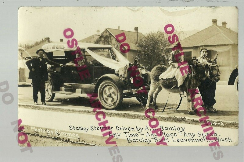 Leavenworth WASHINGTON RPPC c1920s ADVERTISING Hotel STANLEY STEAMER Taxidermy