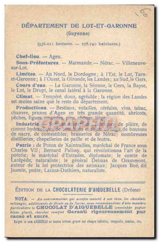 Old Postcard geographical maps of Chocolaterie & # 39Aiguebelle Lot et Garonn...