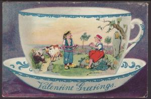 Valentine Greetings,Teacup,Boy,Girl Postcard