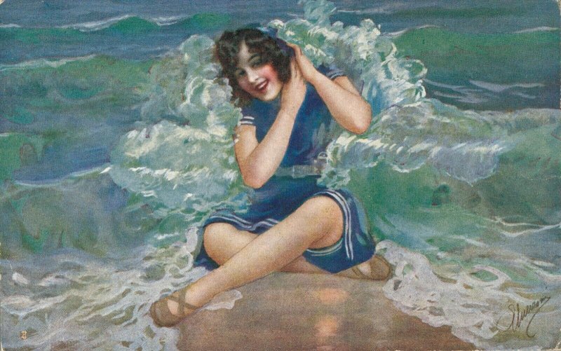 Artist Signed Woman On A Beach Postcard 04.00