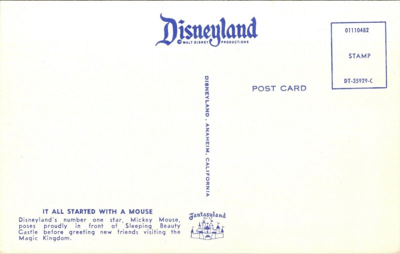 Disneyland Postcard Mickey Mouse in front of Sleeping Beauty's Castle~4221 