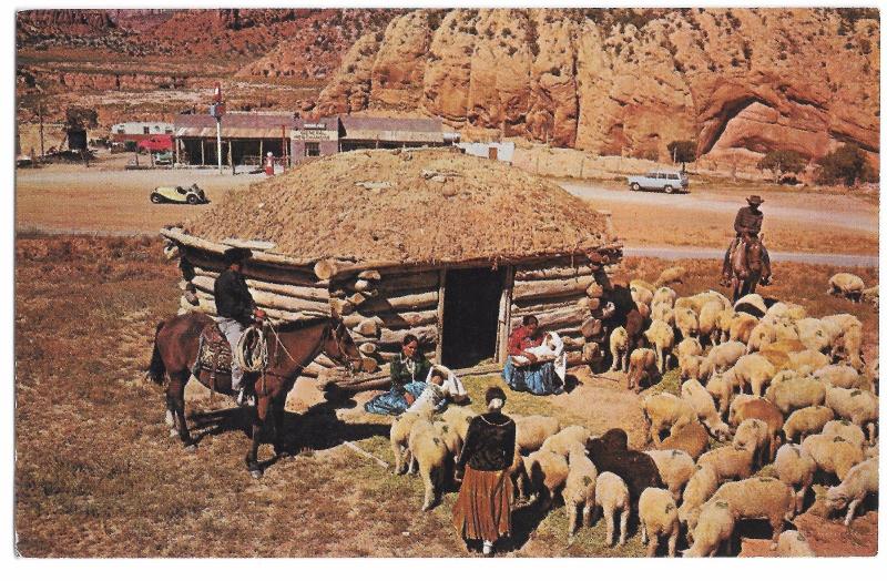 Navajo Family with Their Sheep in  Front of the Hogan PPC Unposted c 1950's