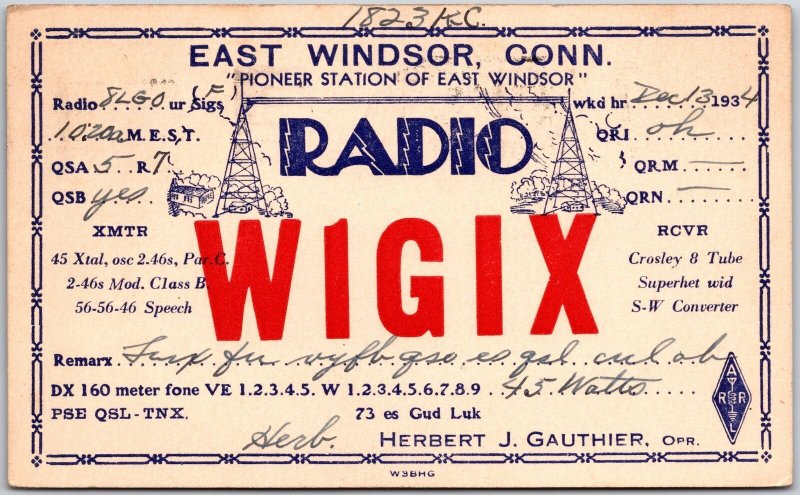 1934 Radio Card WIGIX East Windsor Connecticut Amateur Station Posted Postcard