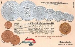 NETHERLANDS COINS FLAG CONVERSION RATE TABLE EMBOSSED POSTCARD (c. 1910)