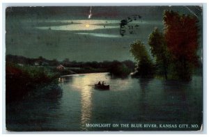 1912 Moonlight Blue River Night Kansas City Missouri MO Vintage Antique Postcard 