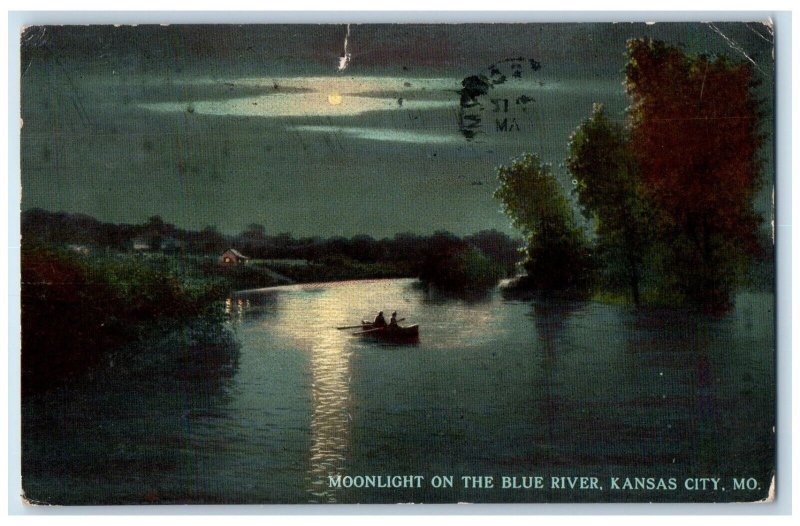 1912 Moonlight Blue River Night Kansas City Missouri MO Vintage Antique Postcard