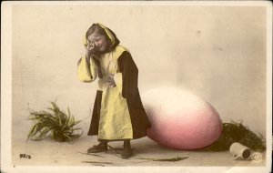 Easter German Beer Child Girl Giant Egg Tinted Real Photo Vintage Postcard