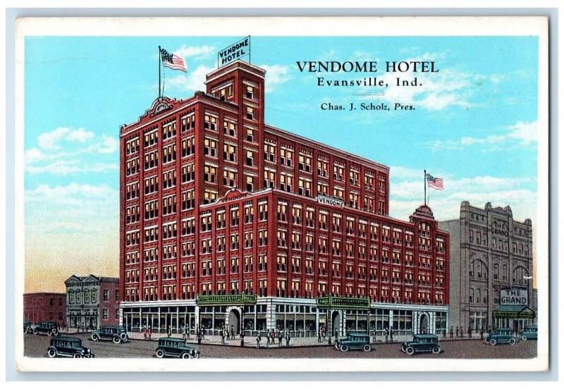 c1930's Vendome Hotel Building The Grand Cars Evansville Indiana IN Postcard