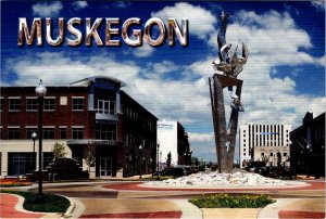 Muskegon, MI Michigan CHAMBER OF COMMERCE & RICHARD HUNT SCULPTURE  4X6 Postcard