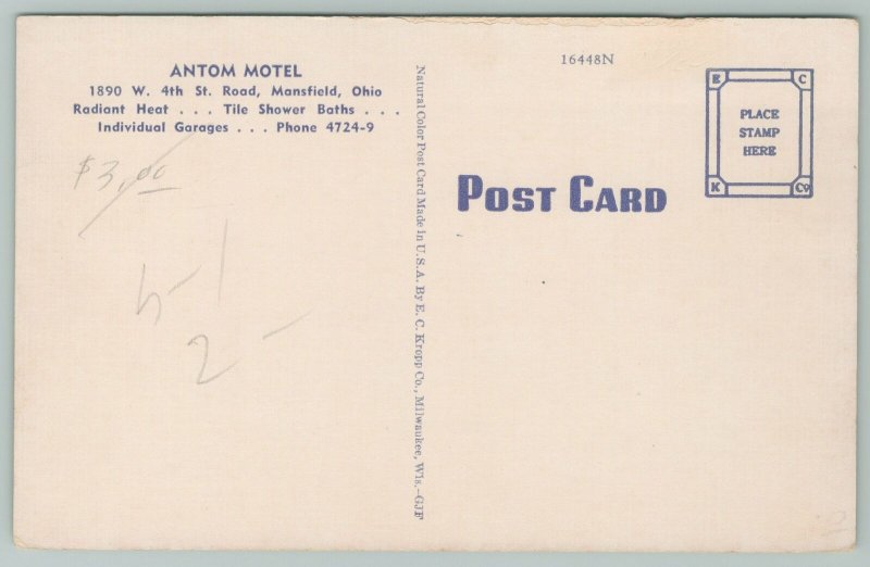 Mansfield Ohio~Antom Motel Entrance~1940s Linen Postcard