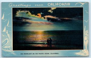 CALIFORNIA, CA  ~ PACIFIC OCEAN by MOONLIGHT   1944 Gardner-Thompson Postcard