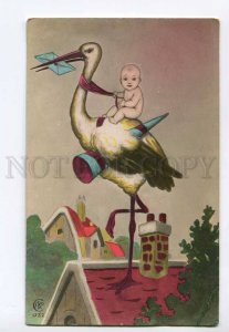 3047977 Baby on STORK vintage Tinted RPPC OGNIWO Wilno 1935 y