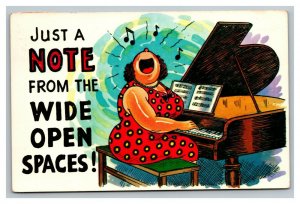 Vintage 1950's Comic Postcard - Woman Sings & Plays Piano - Just a Note - Funny